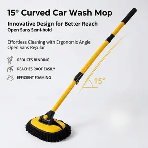 15 Curved Telescopic Car Wash Mop, Chenille Microfiber Scratch-Free Cleaning Brush with Detachable Head, Reduces Bending, Reaches Roof Easily, Efficient Foaming Design, for Effortless Car Exterior Care, RV, Truck, SUV Cleaning, Home Garage and Auto Detai