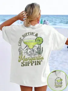 Oversized Lightweight Beach Vacation Graphic T-Shirt, Round Neck - Chip Dippin' & Margarita Sippin' Funny Drinking Tee, Summer Casual Top, Cactus & Margarita Tee for Beach Trips & Vacation Outfits, Soft Breathable Tshirt for Women & Men, Womenswear