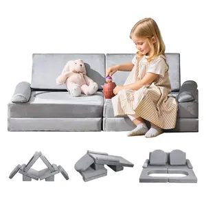 Summervibes VEVOR Modular Kids Play Couch, Sectional Toddler Sofa with Armrests, 28D Sponge Short Pile, Convertible Kids Modular Couch DIY Creative Combination for Playroom, Bedroom, Living Room, 10 Pcs, Gray