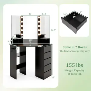 COSTWAY - Corner Vanity Desk with 3-Color LED Lighted Mirror and Power Outlet-Black