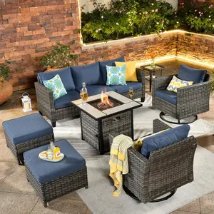 Ovios Patio Furniture Set 7-Piece Outdoor Wicker Rattan Sectional Sofa Set with Cushions, 30'' Propane Fire Pit Table & Rocking Swivel Chairs, All-Weather Conversation Set for Backyard Garden Deck
