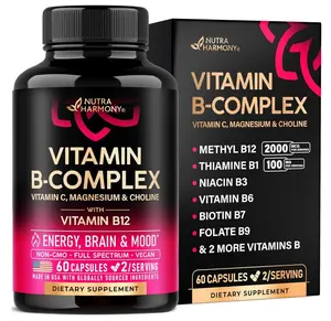 Vitamin B Complex for Men & Women - Riboflavin B2, B12, B1, B3, B5, B6, B7, B8, B9 | Vitamin C, Choline, Inositol | B-Complex Supplement | Energy, Brain & Heart Support | Lab Tested | 60 Vegan Capules