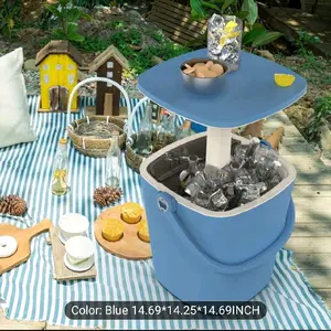 2 in 1 Outdoor Cooler Side Table Blue 14.69x14.25x14.69 inch with Bottle Opener Portable Insulated Beverage Box for Backyard Camping Beach