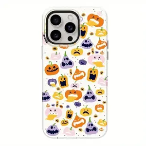 The Halloween collage of weird patterns of elements such as magic hats, pumpkins, skulls, ghost lights, etc. is suitable for iPhone 17, 16 Pro Max, 15 Plus, 14, 13, 12, 11, XS and Samsung S24, S23, A55, A54, Pixel 9, making it a great gift for friends.