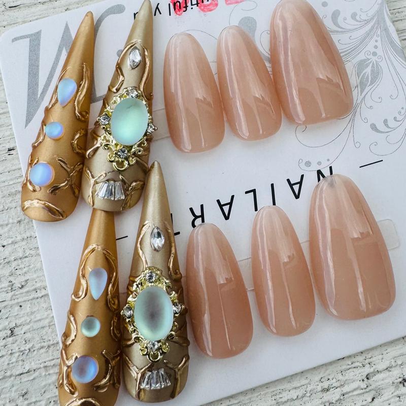 Royal Armor Gold Gem Stiletto Press-On Nails - Handmade Nude & Metallic Tips with 3D Opal Stones and Baroque Crown Accents