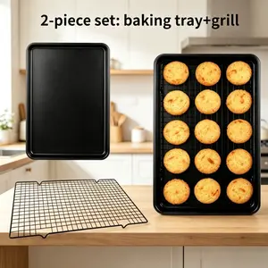 2-Piece Non-Stick Heavy-Duty Baking Sheet Set with Cooling Rack, for Cookies & Baking, Warp-Resistant & Easy to Clean, Includes Baking Pan & Rack, Cast Iron-Grade Performance