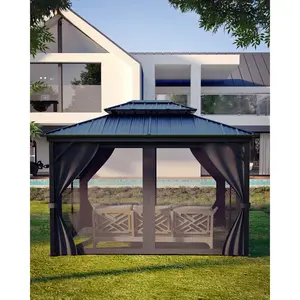 OP-High-quality Hardtop Gazebo for Patio and Garden – Double Metal Roof, Mosquito Netting, Elegant & Durable,Privacy Curtains, Heavy-Duty Aluminum Pavilion, All-Weather Outdoor Canopy for party , patio, garden, deck, or backyard.  – 8x8FT/10x10FT