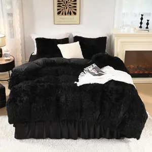Black Comforter King Size, Luxury Plush Faux Fur Bedding for King, Soft Warm Velvet Fuzzy Bed Set 3 Pieces(1 Shaggy Comforter 104*90 Inch, 2 Pillowcases)