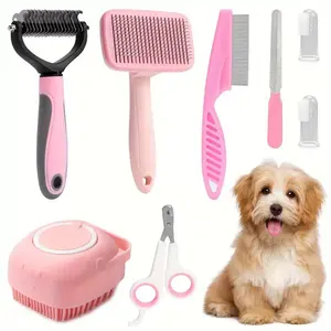 8-Piece Dog Grooming Kit, Self-Cleaning Set Including Nail Clippers, File, Flea Comb, Deshedding Brush and Silicone Toothbrush, Stickable