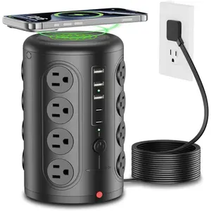Power Strip Tower Surge Protector,  16 Outlets and 5 USB Ports (2 USB-C), 2000 Joules  Station, 6FT Flat Plug Extension Cord for  Office Dorm Room Essentials, Black