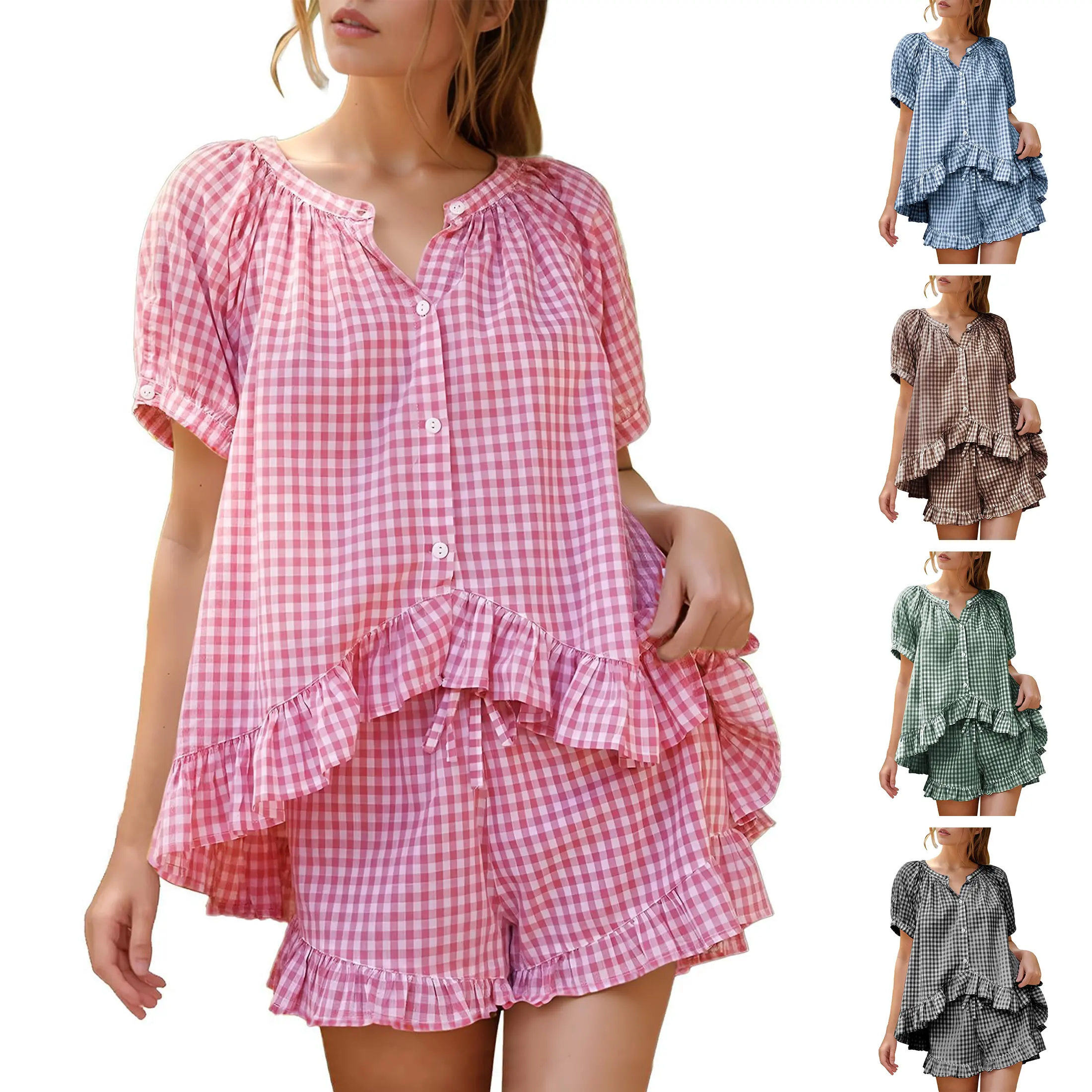 Yeokou Women's Plaid 2-Piece Comfortable Soft Loungewear Set - Lady's Puff Sleeve Button-Down Top, Ruffle Hem Lounge Shorts with Pockets, Pj Sets For Women, Cloud-Soft For Rest, Nightwear, Pure Cotton, Button Front, Pocket Convenience