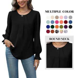 Womens Long Sleeve Chiffon Blouses Dressy Casual Smocked Work Shirts Loose Pleated Crew Neck Fall Spring 2026 Wine Red Large #Springfresh