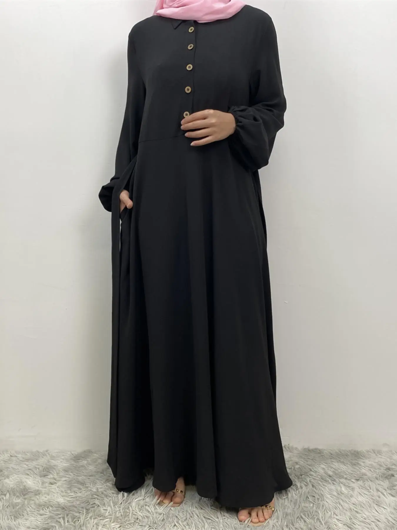 Women's Solid Button Front Tie Front Long Sleeve Dress, Casual Long Dress for Spring & Fall, Women's Islamic Clothing for Daily Wear