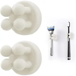 2 Pcs Silicone Toothbrush Holders - Multi-Function Self Adhesive Wall Mounted Hooks for Hanging Key, Toothbrush Razor and Small Items for Kitchen Bathroom Living Room Office Organiser Set Hangable Hangers