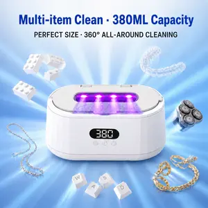 Portable Versatile Ultrasonic Cleaner Machine, 380ML Stainless Steel Tank, 49kHz High-Frequency Cleaning Equipment with 5 Timer Modes and 4 Built-In LED Lights for Deep Cleaning Eyeglasses, Jewelry, Dentures, Retainers, Watch Bands