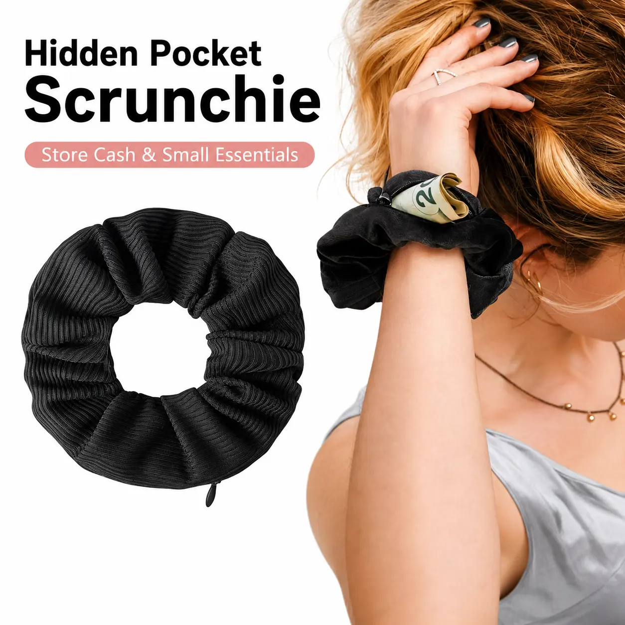 Hidden Pocket Scrunchie with Zipper for Women, Secret Storage Hair Tie for Cash, Keys, Earbuds, Cards, Travel & Workout Accessories