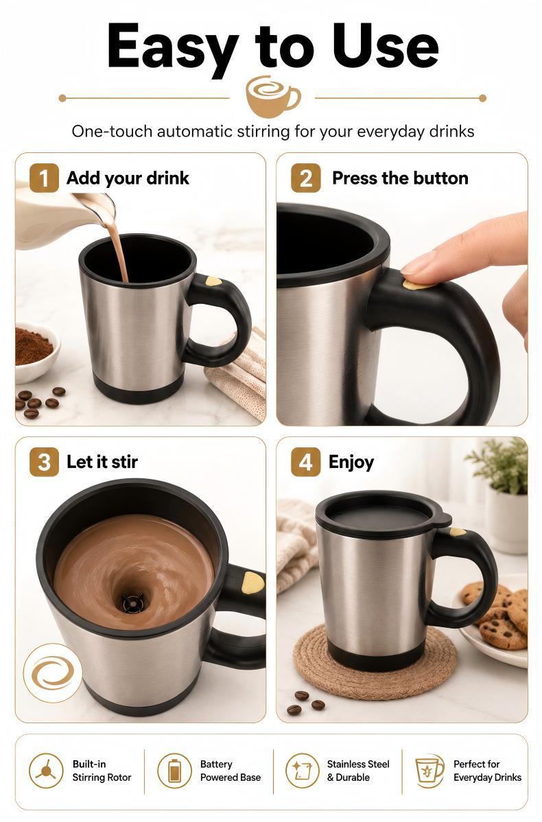 Battery-Powered Self-Stirring Mug, Automatic Mixing Cup for Coffee, Cocoa & Milk, 1Hz Gentle Mixing Drinkware for Office Use, Reusable Kitchenware, Reuse