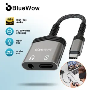 BlueWow USB C to 3.5mm Audio Headphone & PD Fast Charging Adapter, Braided Nylon Cable, MFi Certified PD 60w Fast Charging for iPhone 15/Pro/Android