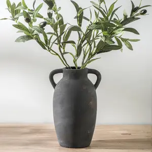 Clay Farmhouse Vase, 9.6 Inch Ceramic Country Style Flower Vase with Two Handles, Bohemian Home Decor, Desktop Ornament, Living Room, Bookshelf Decoration