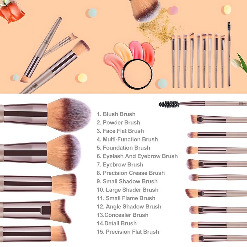 HEYMKGO 15PCS Champagne Gold Makeup Brush Set - Pro Foundation/Blending/Eye Brushes | Blush & Concealer Tools with Bag | TikTok Viral Must-Have Two-in-One Portable Shade and Blend Makeup Brush Multifunctional vintage makeup brush Natural Look all-day meta