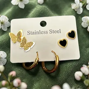 Stainless Steel Black Heart and Gold Butterfly Set Earrings for Women