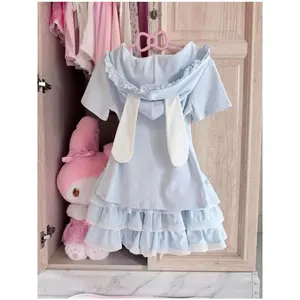 Japanese Kawaii Lolita 2-Pieces Set Women Sweet Rabbit Ear Zipper Hooded Tops + Cute Cake Mini Skirt Harajuku Outfits Summer