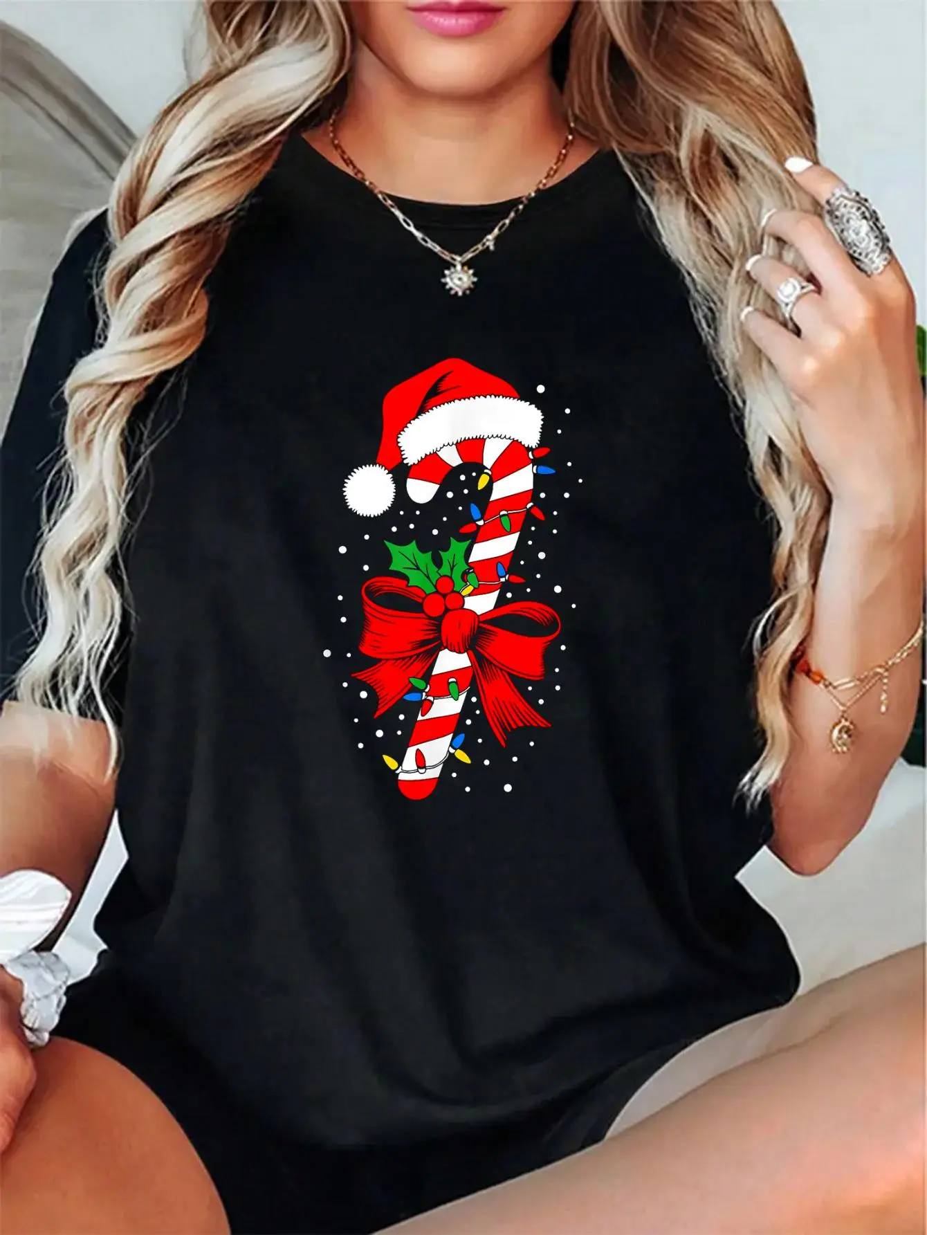 100% Cotton Unisex Christmas Candy Cane Shirt Boy Girl Kids Men Women Pajamas T-Shirt, Autumn Women's T-shirt Christmas Happy Letter Snowflake Fun Pattern