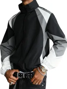 Men's Colorblock Print Jacket with Zipper Design, Pocketed Short Cardigan, Casual Sportswear, Streetwear, Outdoor Versatile Outerwear