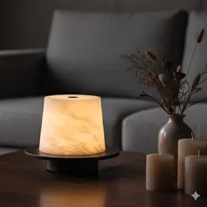 Natural Alabaster Touch Table Lamp - USB Rechargeable, Dimmable Night Light for Bedroom, Living Room & Coffee Shop