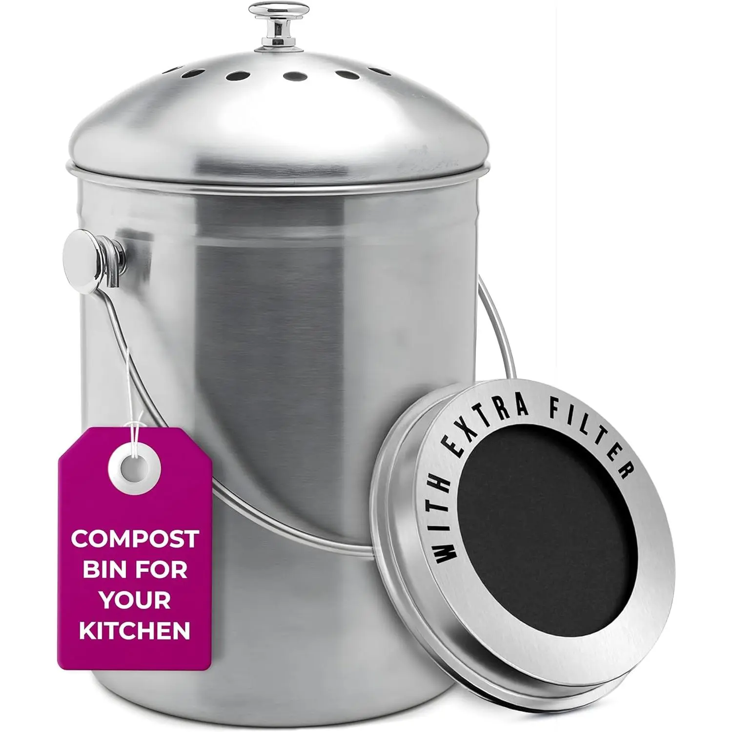 Countertop Compost Bin Kitchen | 1.3 Gallon | Odorless Composting Bin with Carbon Filters | Indoor Compost Bin with Lid | Stainless Steel Kitchen Composter for  Scraps &  Recycling