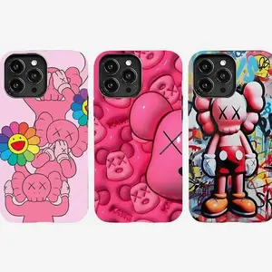 KAWS pink-themed trendy   with street graffiti design, suitable for iPhone 17-11 Pro Max/Plus and Samsung Galaxy S23-25. shockproof mobile phone case Anime Transparent Soft