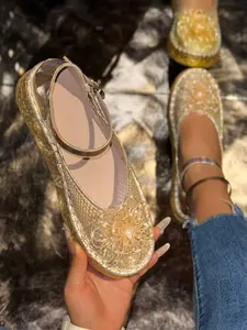 Women's Mesh Thick Sole Mary Jane Shoes, Rhinestone Flower Platform Low-Top Single Shoe, Stylish Comfortable Casual Footwear