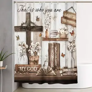 1/4pcs Rustic Farmhouse Christian Bathroom Decor Set, Bathroom Decoration Accessories - Shower Curtain with Dark Wood Cross and Crown of Thorns, Decorative Wooden Shelves, Inspirational Signs, Bath Mats & Toilet Covers for a Faith-Inspired Sanctuary