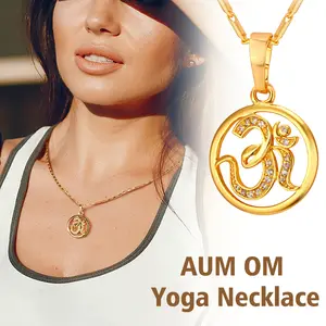 FindChic Yoga AUM OM Pendant Necklace Golden Bling CZ Necklace Inidian Hinduism Amulet Meditation Jewelry For Women Men