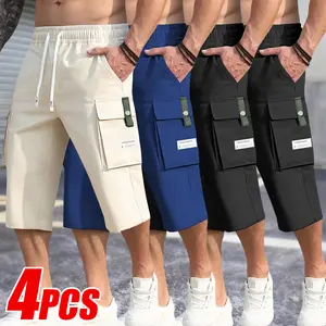 Men's 4-Pack Work Cargo Pants, Menswear, Drawstring Elastic Waisted, Regular Fit, Multi-Pocket Design, Casual Workwear Bottoms