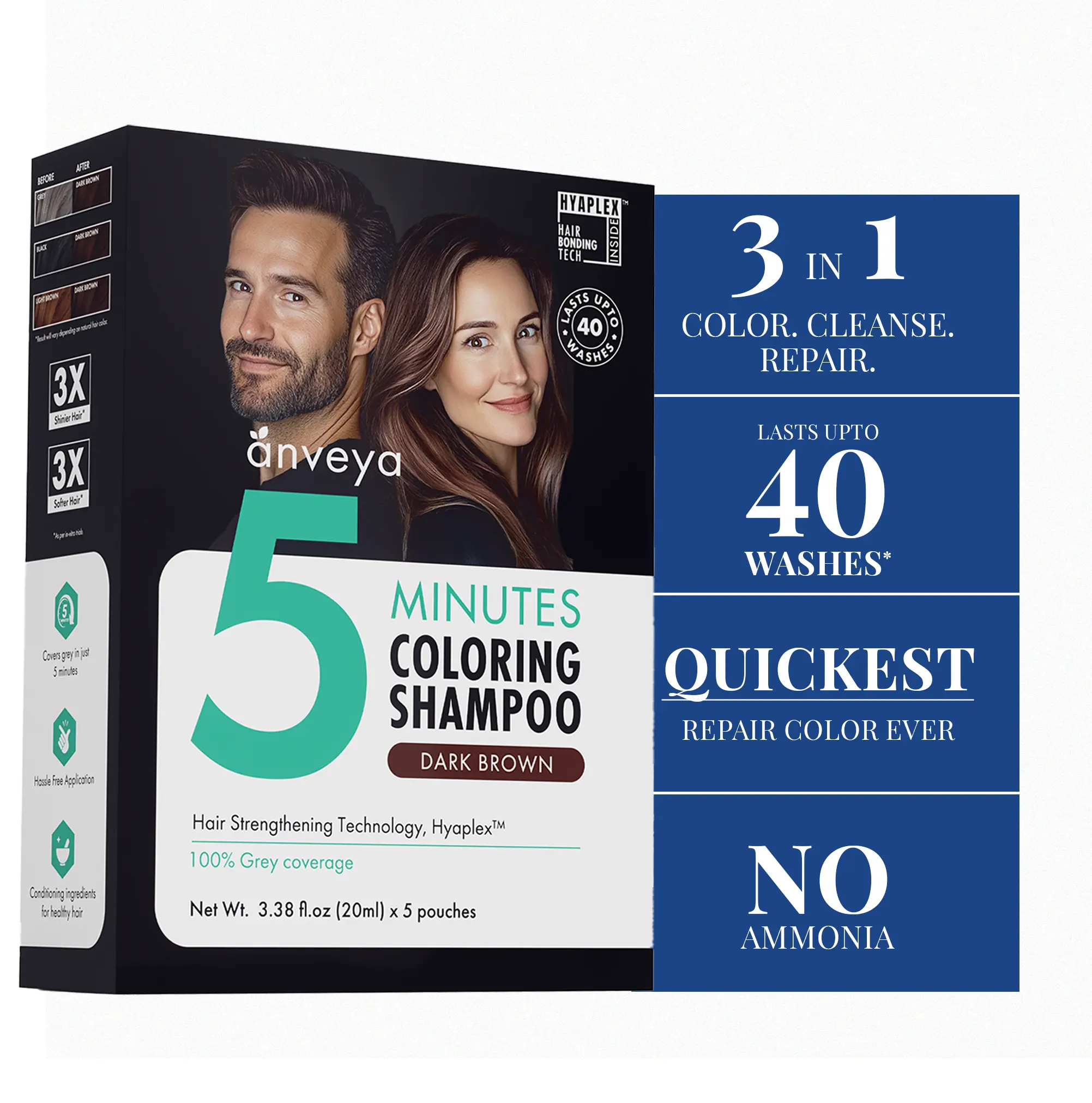 Anveya 3-in-1 Hair Dye Shampoo | Dark Brown Hair Color | 5 Min 100% Grey Coverage | Anti-Stain, Ammonia Free, Cruelty-Free | Strengthens with Hyaluronic Acid & Arginine | Instant, Long-Lasting Fade-Resistant Brunette Color, Easy Use for Men & Women