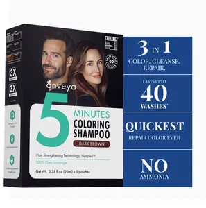 Anveya 3-in-1 Hair Dye Shampoo | Dark Brown Hair Color, Gentle Haircare, 5-Min 100% Grey Coverage, Ammonia-Free, No Staining, No Mess, Hyaluronic Acid-Arginine Moisturizer, Strengthening, Smoother, Condition, Vegan, Cruelty-Free, Easy for Men and Women