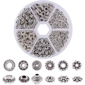 PH PandaHall 300pcs 6 Style Antique Silver Spacer Beads, Tibetan Metal Alloy Tube Spacers Flower Flat Rondelle Small Loose Beads for Bracelet Necklace Earring Jewelry Making Supplies