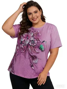 Plus Size Floral Butterfly Print T-Shirt, Women Summer Casual Top, Perfect Upgrade for Your Summer Wardrobe, Comfortable and Stylish