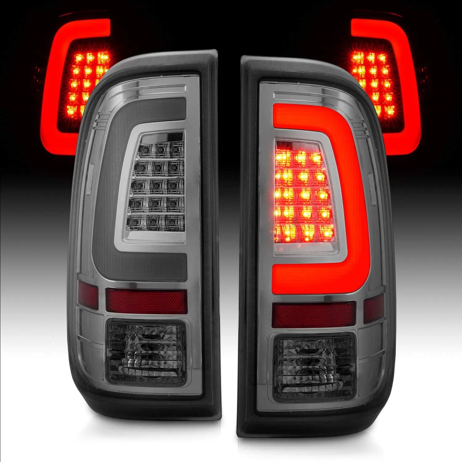 AmeriLite for 2008-2016 Ford F250 F350 F450 SD Smoke C-Type LED Tube Tail Lights w/Reverse Bulb - Passenger and Driver Side