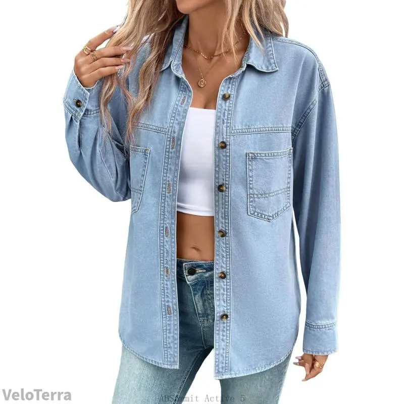 Women Denim Shirts Oversized Long Sleeve Button Down Blouse V Neck Casual Top ShacketsVeloTerraABSummit Active