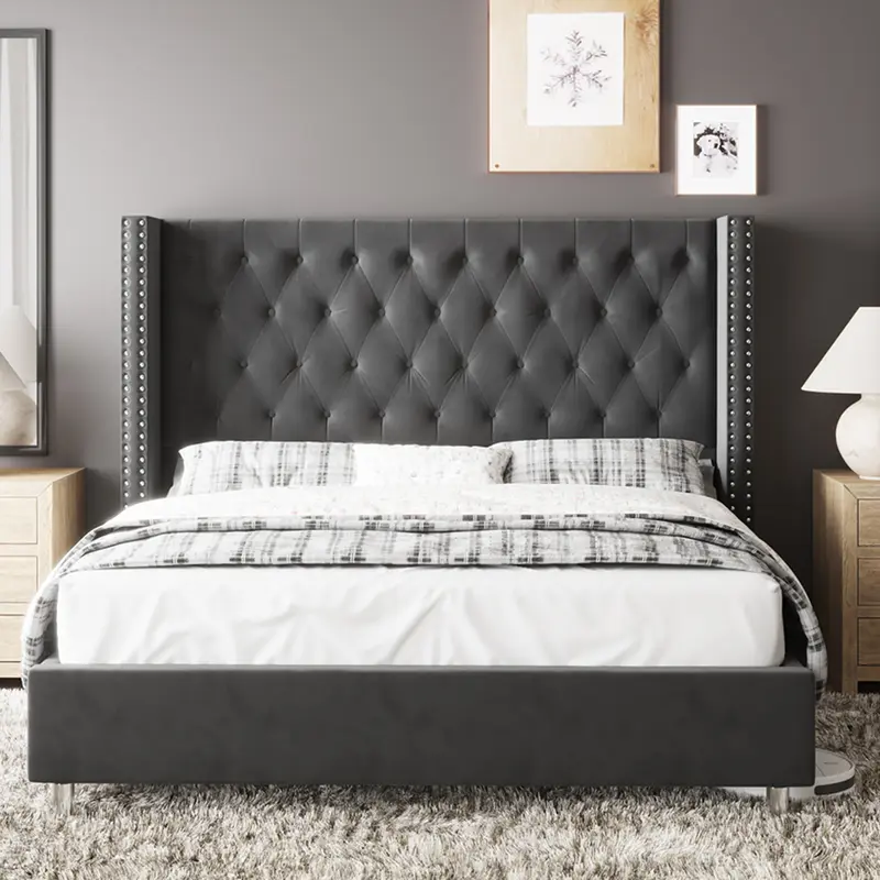 VanAcc Upholstered Bed Frame with 49.2" Tall Headboard, Modern Wingback Platform Bed, Low Profile Velvet Tufted Button, No Box Spring Needed #TikTokShopFallDealsForYou