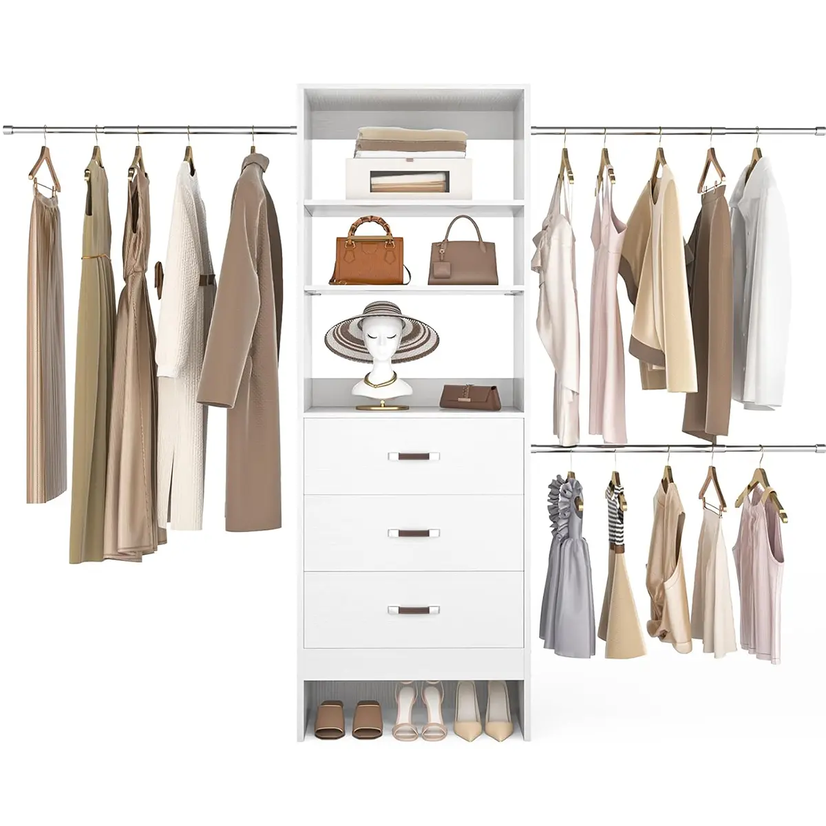 Cyclysio Adjustable Walk-in Closet Organizer System - Multi-Size 2FT-8FT, Closet Organization Storage, Metal Frame Rectangular Single Unit Wardrobe Cabinet, 3 Hanging Rods, 3 Engineered Wood Drawers, 4-7 Fit Flexibility, Above 25 kg, Assembly Required, Ca