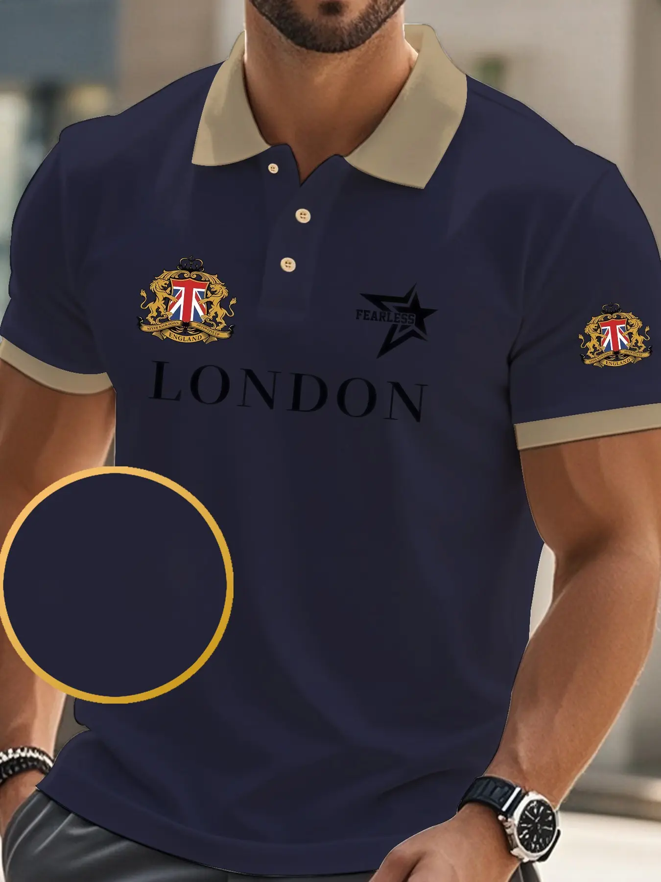 Men's Classic Short Sleeve Polo Shirt, Casual Business Style, London Theme Vintage Print, Breathable, Suitable for Golf, Tennis