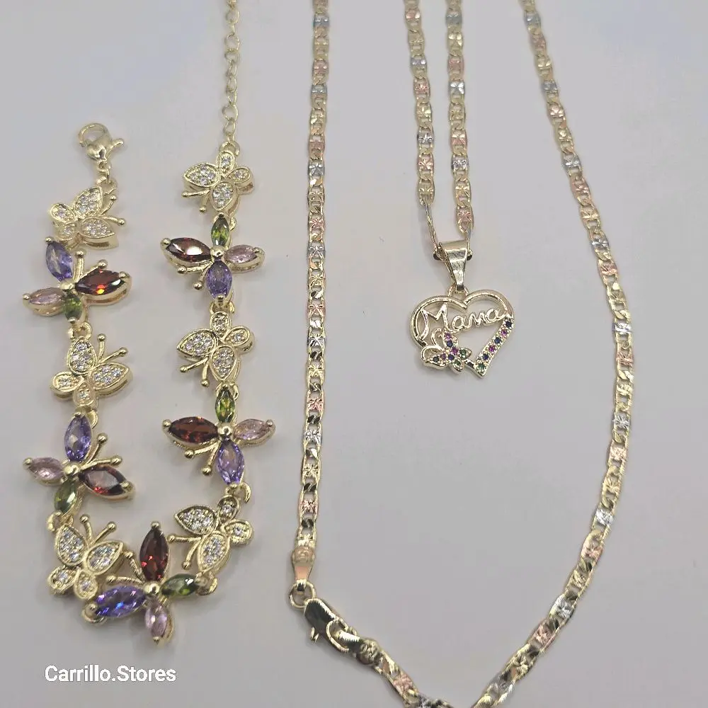 MOTHER'S DAY BEAUTIFUL Butterflies set necklace with bracelet multi-stones gold-plated 24"inches Heart perfect date