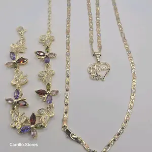 MOTHER'S DAY BEAUTIFUL Butterflies set necklace with bracelet multi-stones gold-plated 24"inches Heart perfect date