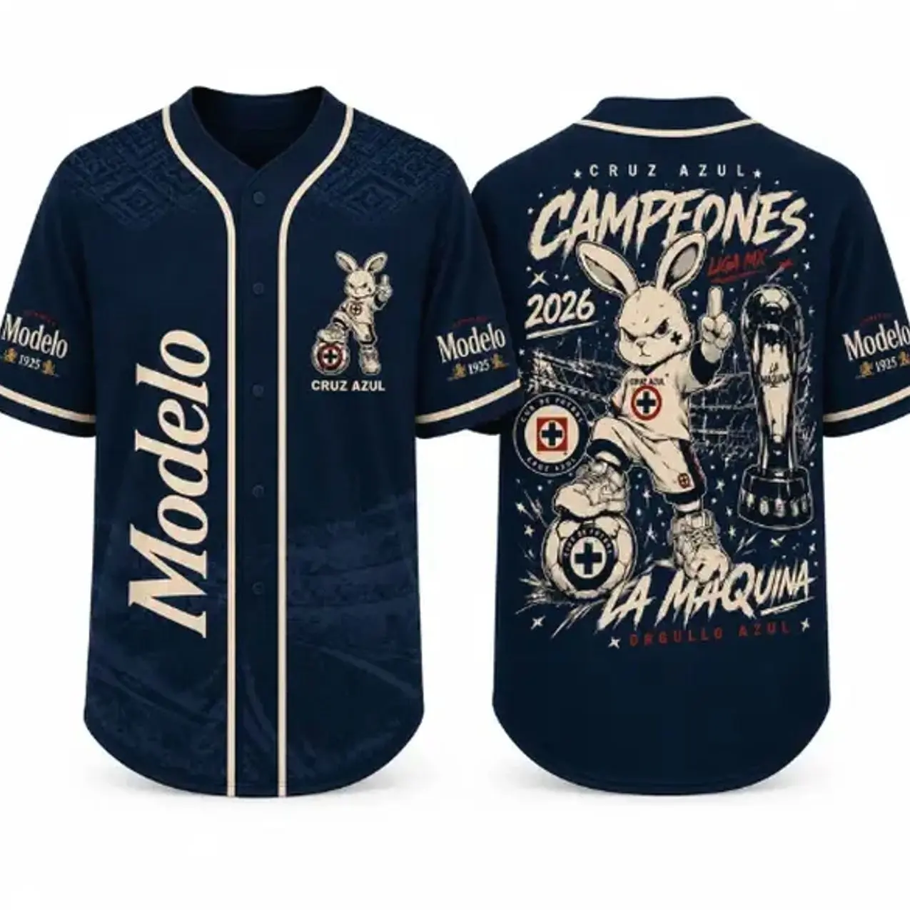 Cruz Azul Campeones Baseball Jersey, Modelo Mexico Soccer Shirt, Liga MX Bunny Mascot Streetwear Jersey Unisex
