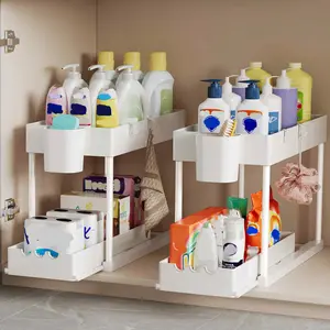 2Pcs 2-Tier Sliding Cabinet Organizer, Multifunctional Pull-Out Under Sink Rack, Double-Layer Storage Shelf for Kitchen and Bathroom Two-Tier Under Cleaning Bottle Toiletries Modern Soap