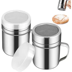 2-Piece (6oz) Stainless Steel Powder Duster – Fine Mesh for Even Sprinkling, Press-On Plastic Lid for Moisture Protection, for Baking and Table Seasoning