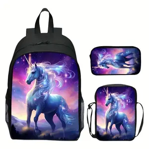 Magical Unicorn Themed 3PCS Backpack Set, Durable 600D Oxford Cloth School Bag with Lunch Box & Pencil Case Combo, Adjustable Breathable Strap, Fits 15in Laptop for Kids Teens School Travel Outdoor